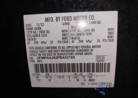 2023 Ford Edge Sel из США, поврежденный, VIN 2FMPK4J92PBA02169